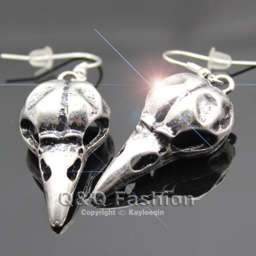 Vintage Silver Skull Bird Dangle Earrings Crow Raven Gothic Punk Emo Steampunk Jewellery