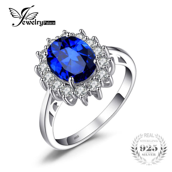 Princess Diana William Kate Middleton's 3.2ct Created Blue Sapphire Engagement 925 Sterling Silver Ring