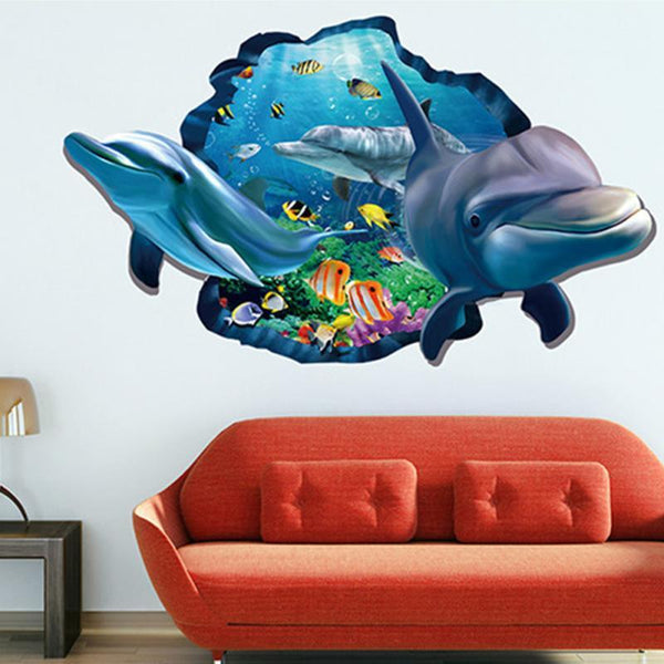 Top quality 3D Effect Underwater World Dolphin Fish Background Wall Sticker