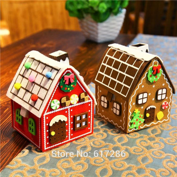 Free shipping! 2pcs/lot Gingerbread House Christmas house Felt Brown & Red House Hot Sale Big Candy Bag Christmas Gift Holder