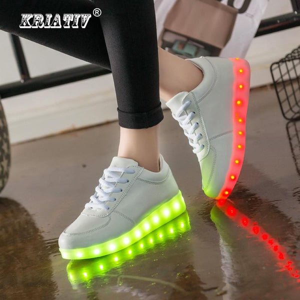 KRIATIV Luminous Led Neon Sneakers Light up Flashing Trainer Flasher glowing sneakers White Luminous Shoe with usb for Boy&Girl