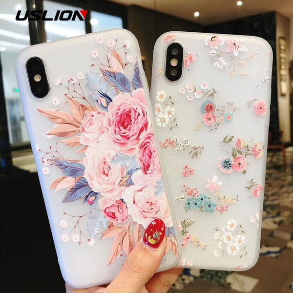 USLION Flower Silicon Phone Case For iPhone 7 8 Plus XS Max XR Rose Floral Cases For iPhone X 8 7 6 6S Plus 5 SE Soft TPU Cover