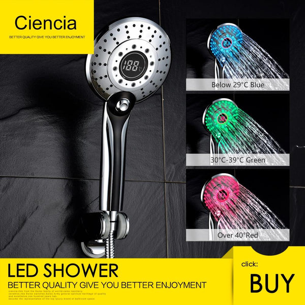 Free Shipping Ciencia ABS Plastic Chrome handheld shower head,3-colors 2-setiing water Glow LED Light Temperature Shower head